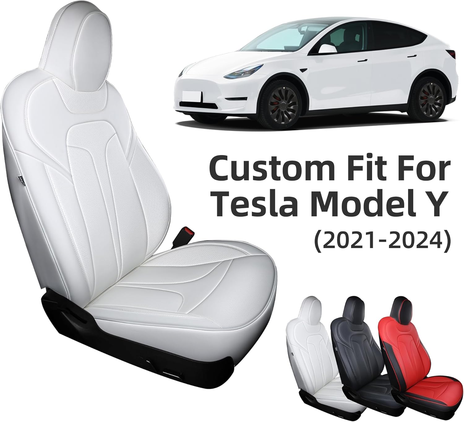 Custom Fit Seat Covers for 2020-2024 Tesla Model Y (5-Seater), Waterproof Nappa Leather, OEM Factory Style Full Set Car Seat Protectors Airbag Compatible - White