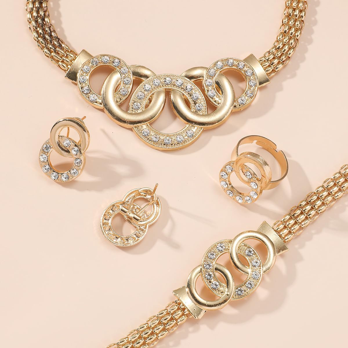 Gold Rhinestone Jewelry Set for Women Chunky Gold Rhinestone Necklace Bracelet Earrings Ring Wedding Prom Bridal Jewelry Set - Image 4