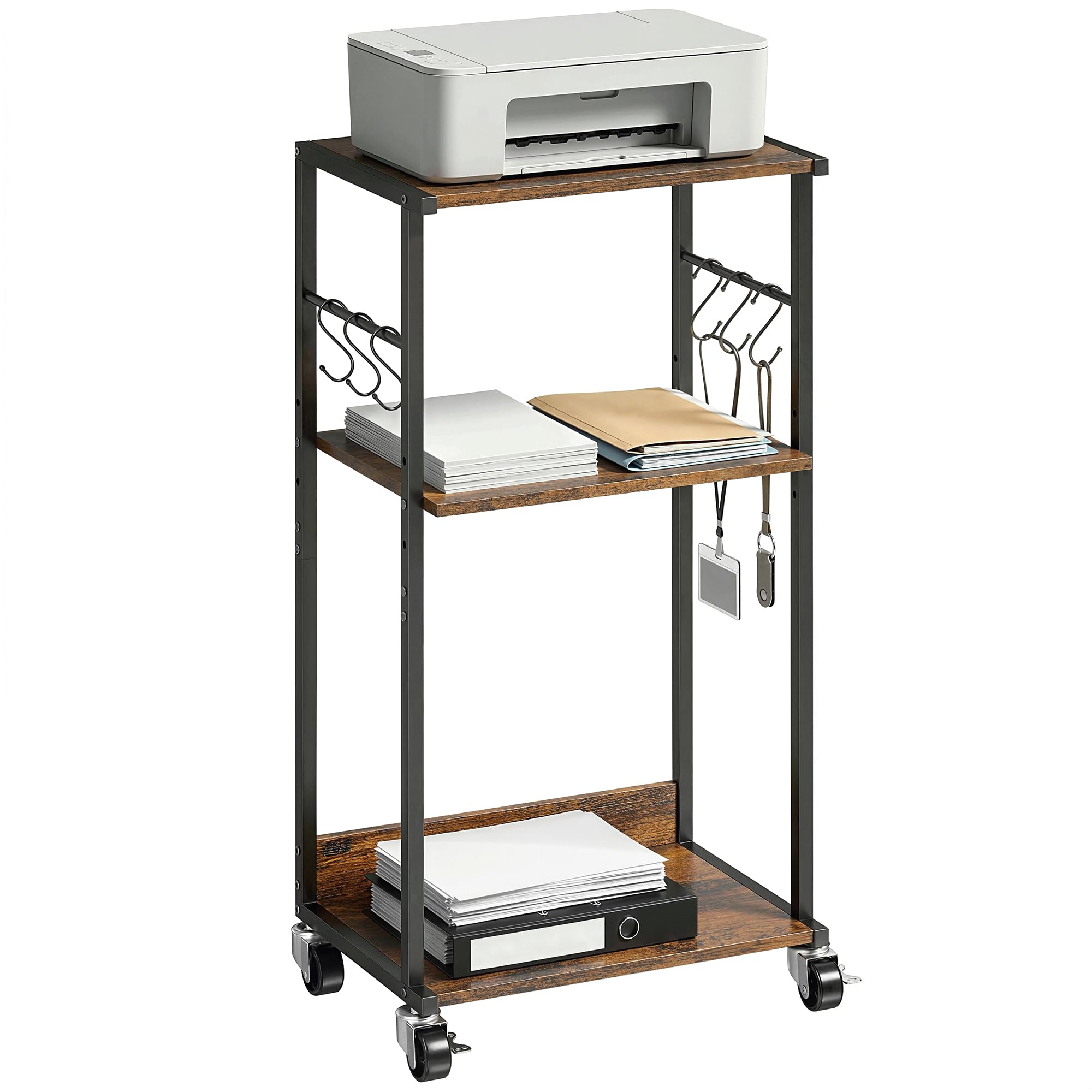HOMCOM Carrello Porta Stampante a 3 Livelli, Supporto Stampante con Ruote con Freno e 6 Ganci, Salvaspazio in Metallo e Legno, per Casa, Studio, Ufficio, Industriale, 43x30x82cm, Marrone Rustico
