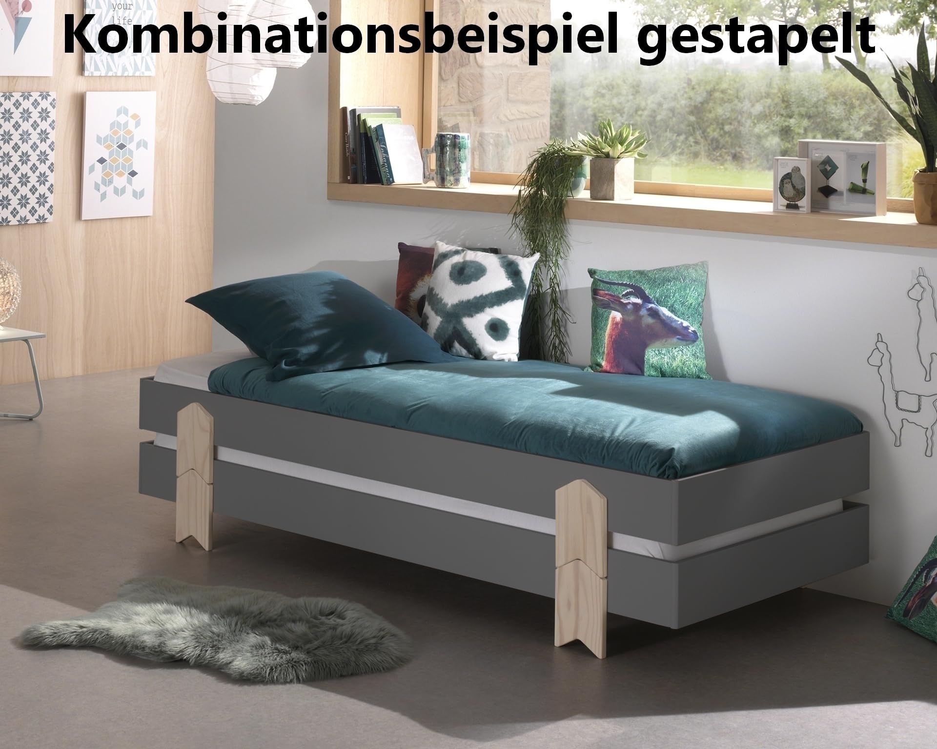 möbelando Stapelbett >Moldulo< Einzelbett/Stapelbett 90 x 200 cm Liegefläche, grau lackiert, Fuß Pfeil-Optik Kiefer Natur lackiert, Stellfläche ca.: B: 203,6 x H: 27,5 x T: 93,8 cm
