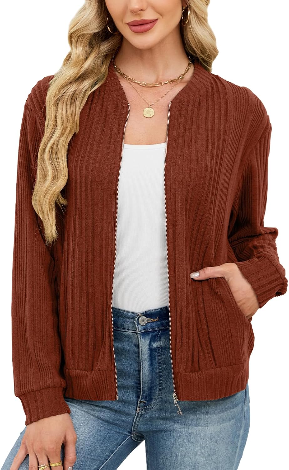 Viracy Women's Full Zip Up Cardigan Sweater Lightweight Casual Long Sleeve Jackets with Pockets