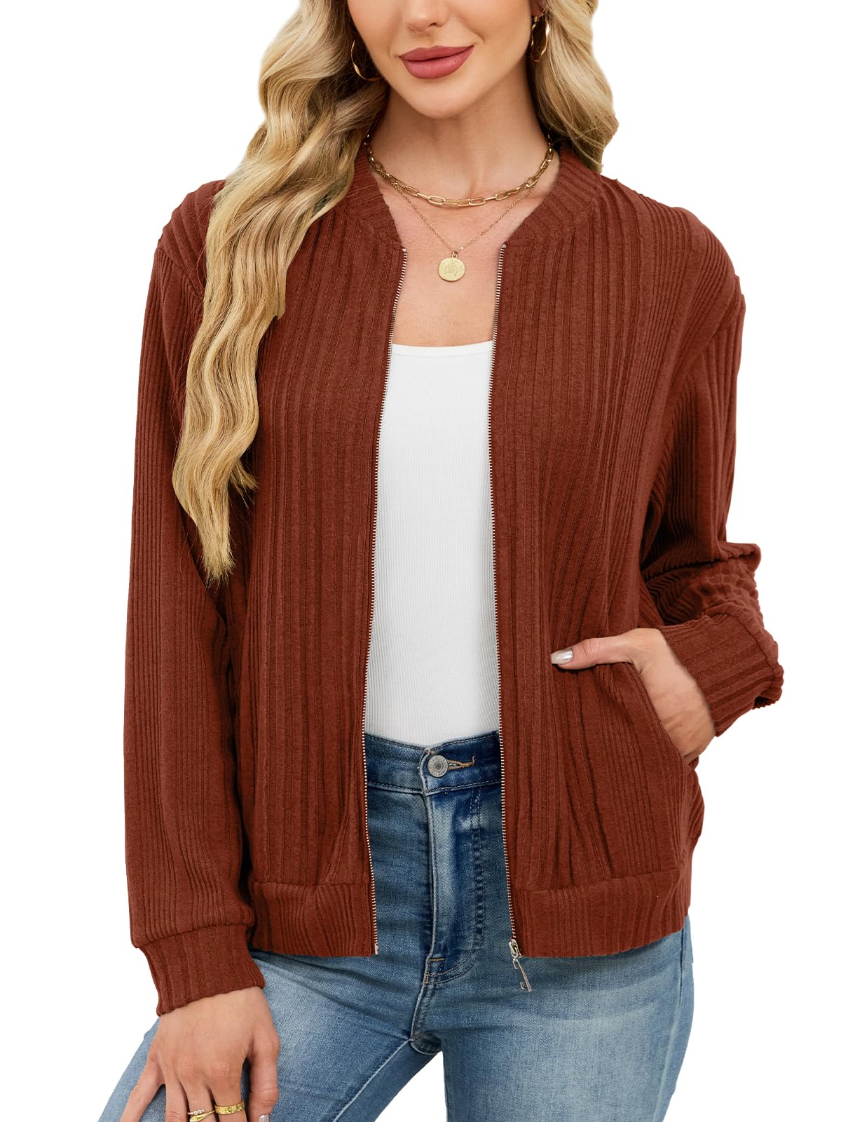 Viracy Womens Full Zip Up Cardigan Sweater Lightweight Casual Long Sleeve Jackets with Pockets