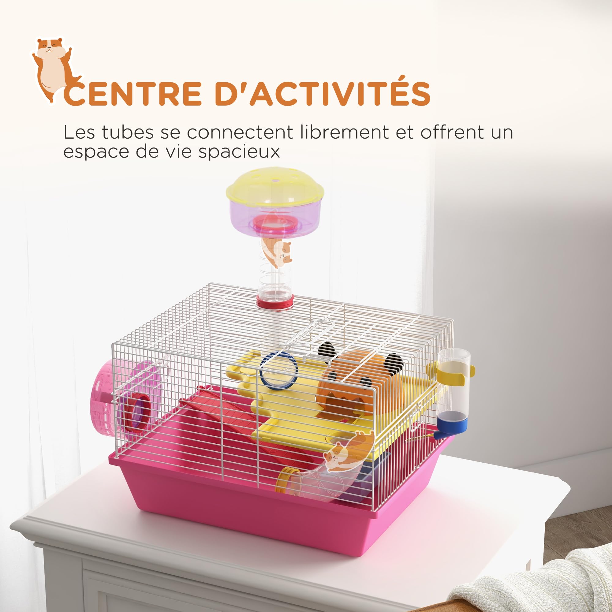 PawHut Cage à Hamster Rat Rongeur avec Plateforme, biberon Eau, Roue, maisonnette, 34 x 27 x 25 cm, Rose | Biberon Eau, Roue, Maisonnette