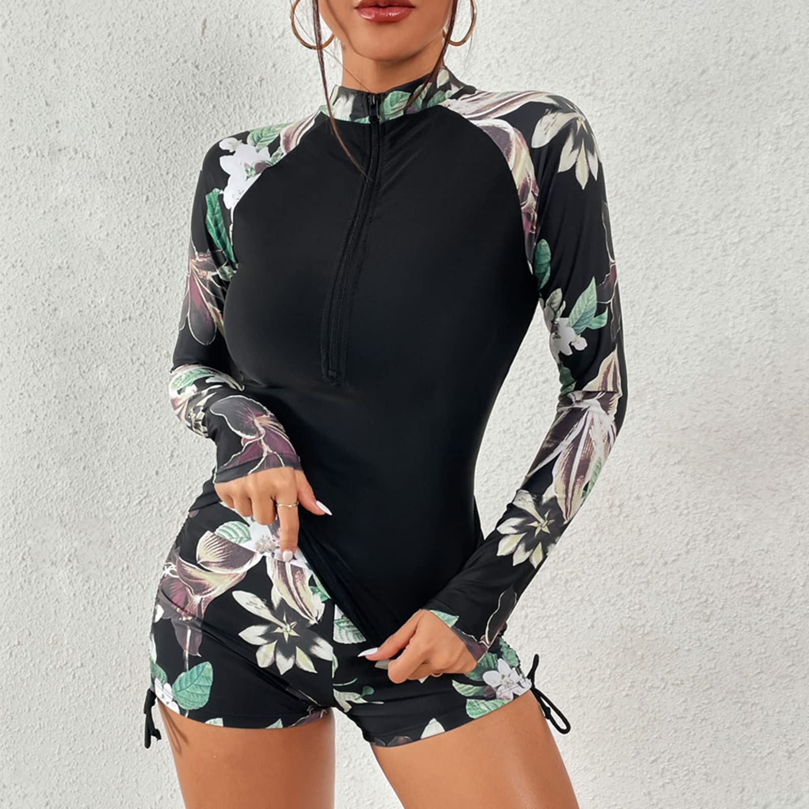 Maillot De Bain 2 Pièce Femme À Manches Longues Tee Shirt avec Boyshorts Anti UV Rashguard UPF 50+ Rash Guard Cache Maillots Swimwear Fermeture Éclair Séchage Rapide Natation Surfing