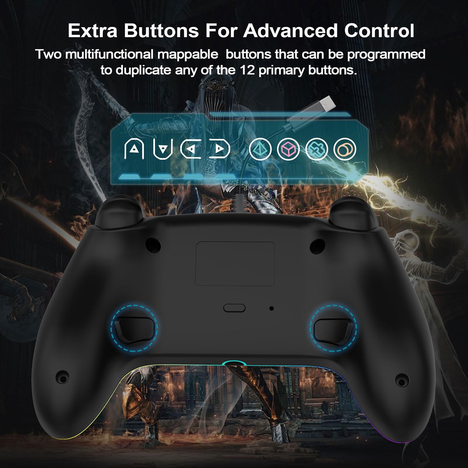 Mando de juego con cable RGB para PlayStation 5 de repuesto con disparador de efecto Hall para PS-5 y PC con Windows, doble vibración, sensor de movimiento, joypad remoto con turbo, mapeo macro (negro