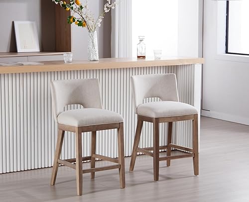 Miniatura 1 de chairus Juego de 2 taburetes de bar de 26 pulgadas con respaldo de madera y patas tapizadas de tela de lino para encimera de cocina, isla de bar,