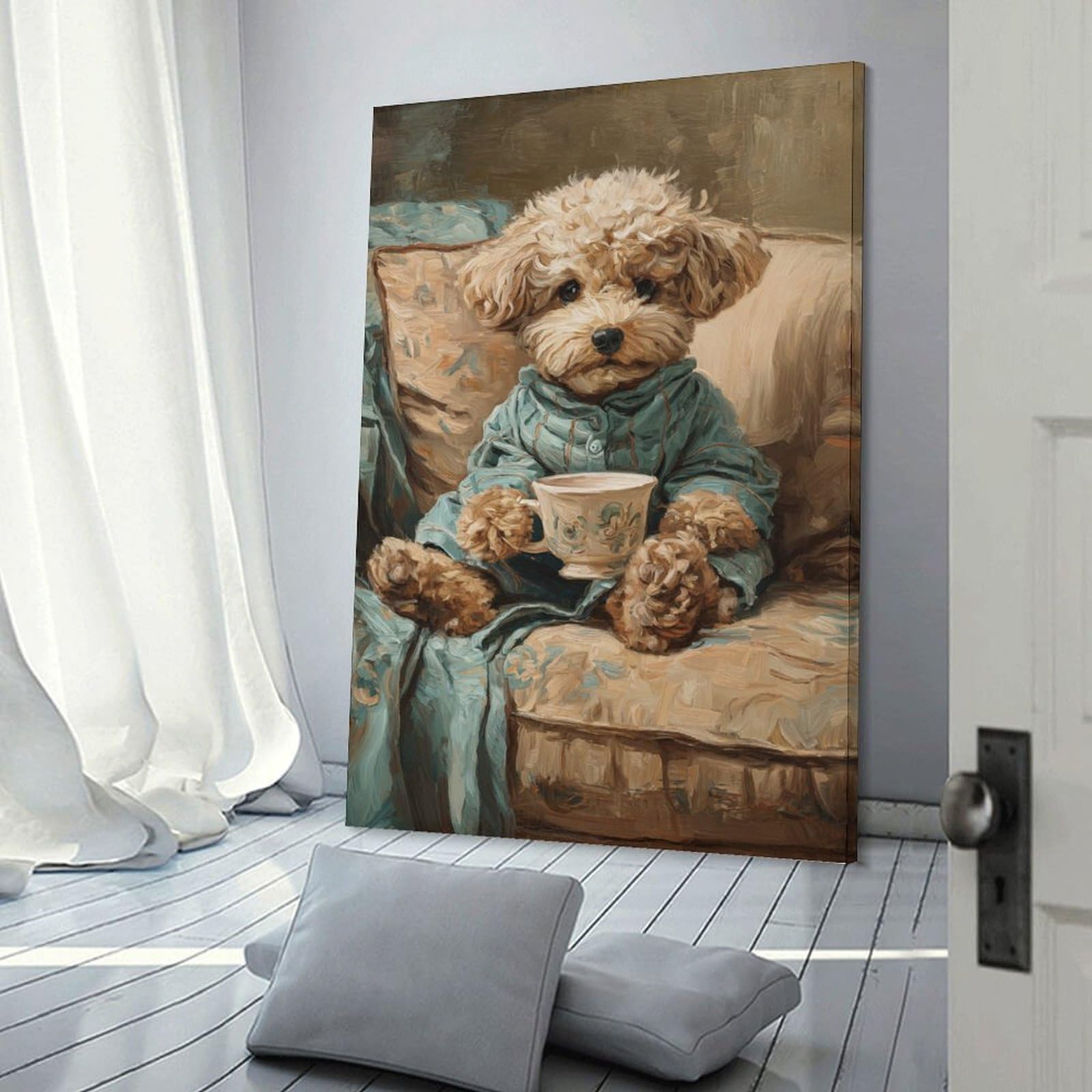 Junmoney Frame-Style-22 Charming Poodle With Teacup Room Decor Wall Art 24X36inch(60X90cm), For Entrance Walls, Hall Decor Or Foyers, A Neat Decor Update For Hallways
