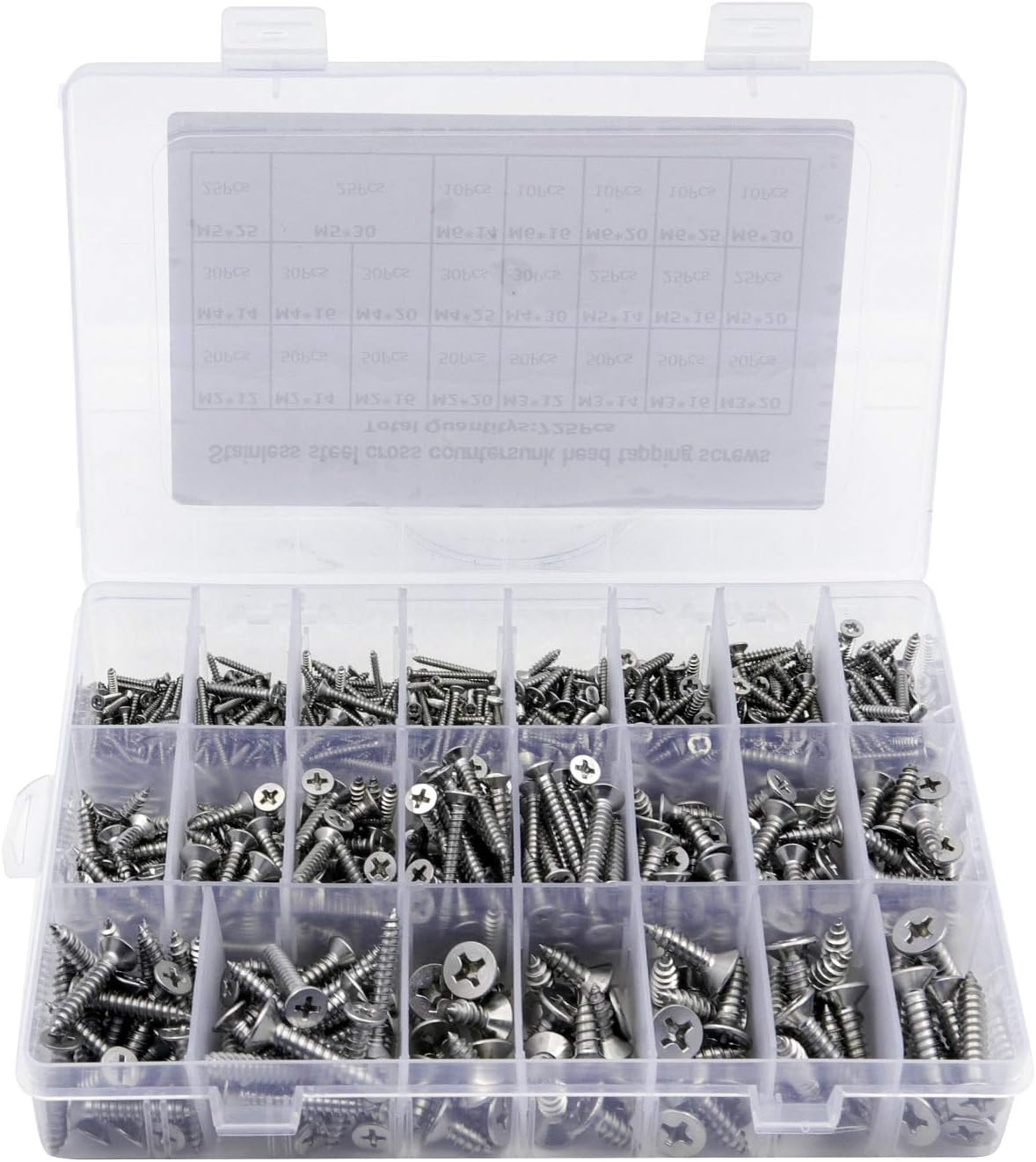 Loscrew725Pcs M2 M3 M4 M5 M6 Phillips Cross Drive Self-Tapping Screws Kit, 23 Kinds of Size 304 Stainless Steel Self Tapping Countersunk Screw Assortment Set for Wood Furniture Appliances or DIY