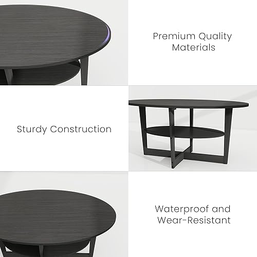 Miniatura 4 de Juego de 3 mesas auxiliares para sala de estar, mesa auxiliar de madera con 2 mesas auxiliares redondas, almacenamiento abierto de 2 niveles para