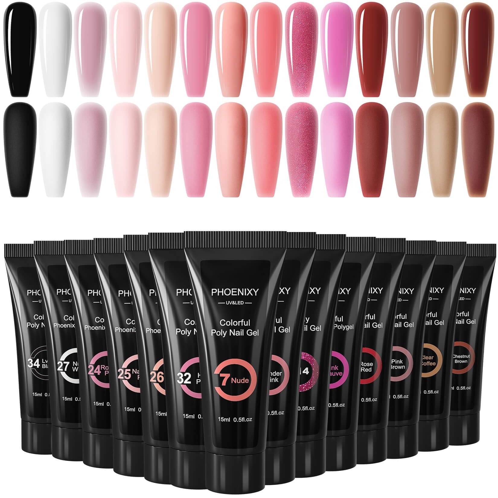 Phoenixy Kit Ongle Gel U V Complet, 14 Couleurs 15 ml Kit Semi Permanent Rose Nude Poly Tube Ongle Gel Nail Art Construction Ongle U V Cadeau pour Femme
