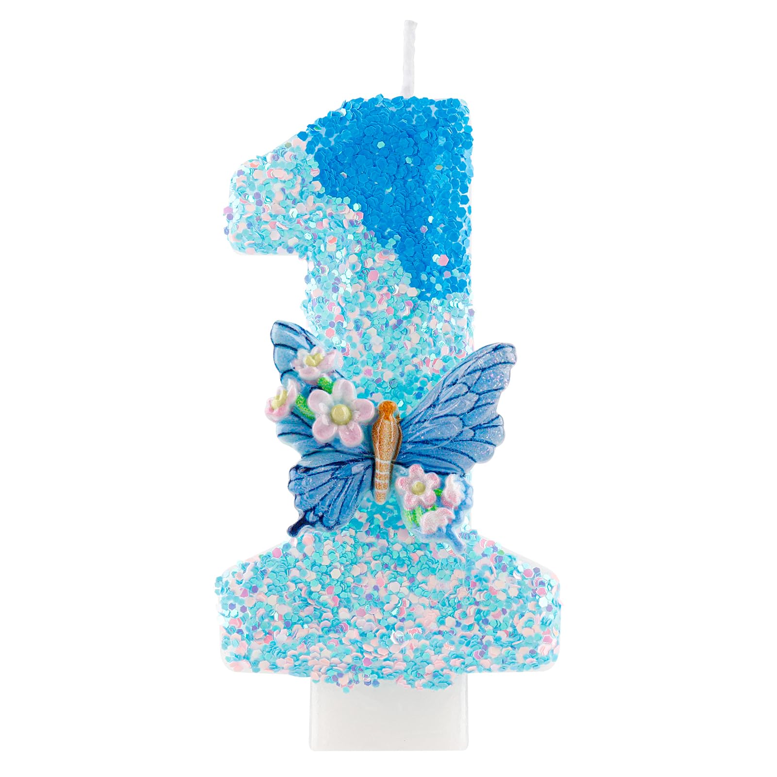 Yiran Number 1 Birthday Candle, Blue Butterfly Glitter Candle for 1st Birthday Cake, Blue Pink Sequin Cake Topper, Perfect for Girls Birthday Party, Baby Shower, Anniversary Decorations