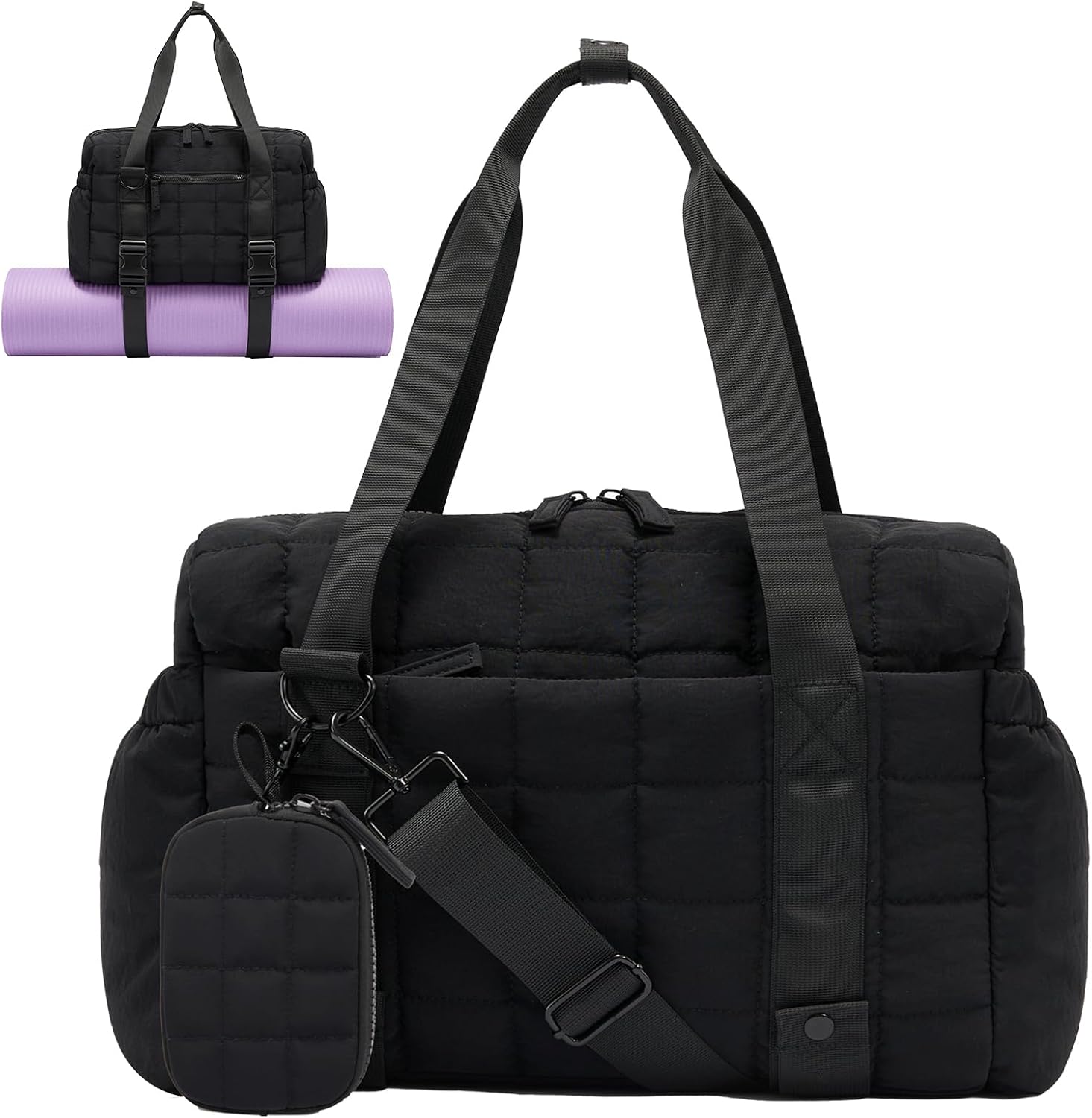 Small Gym Bag for Women, Puffy Sports Duffel Bag with Yoga Mat Holder, Gym Tote Bag with Wet Pocket & Coin Wallet, Carry on Bag for Workout Dance Pilates Ballet Swimming Travel