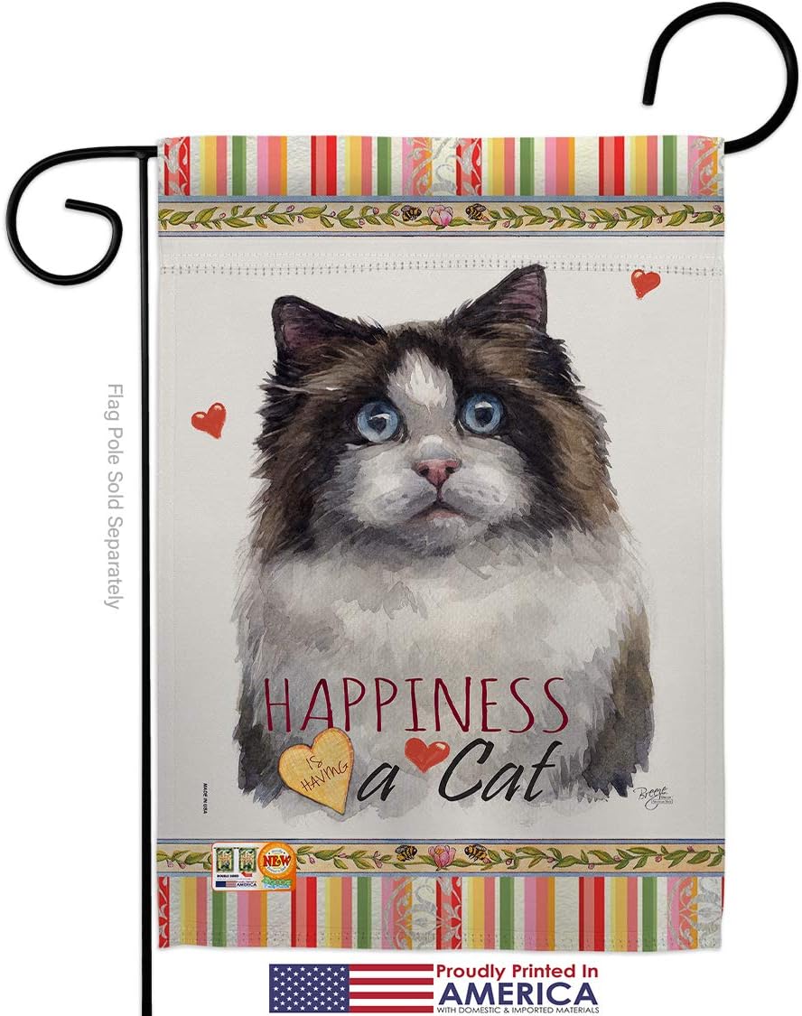 Mitted Ragdoll Happiness Garden Flag Set with Stand Animals Cat Kitten Meow Spoiled Paw Fur Pet Nature Farm Animal Creature Small Decorative Gift Yard House Banner Made In USA 13 X 18.5