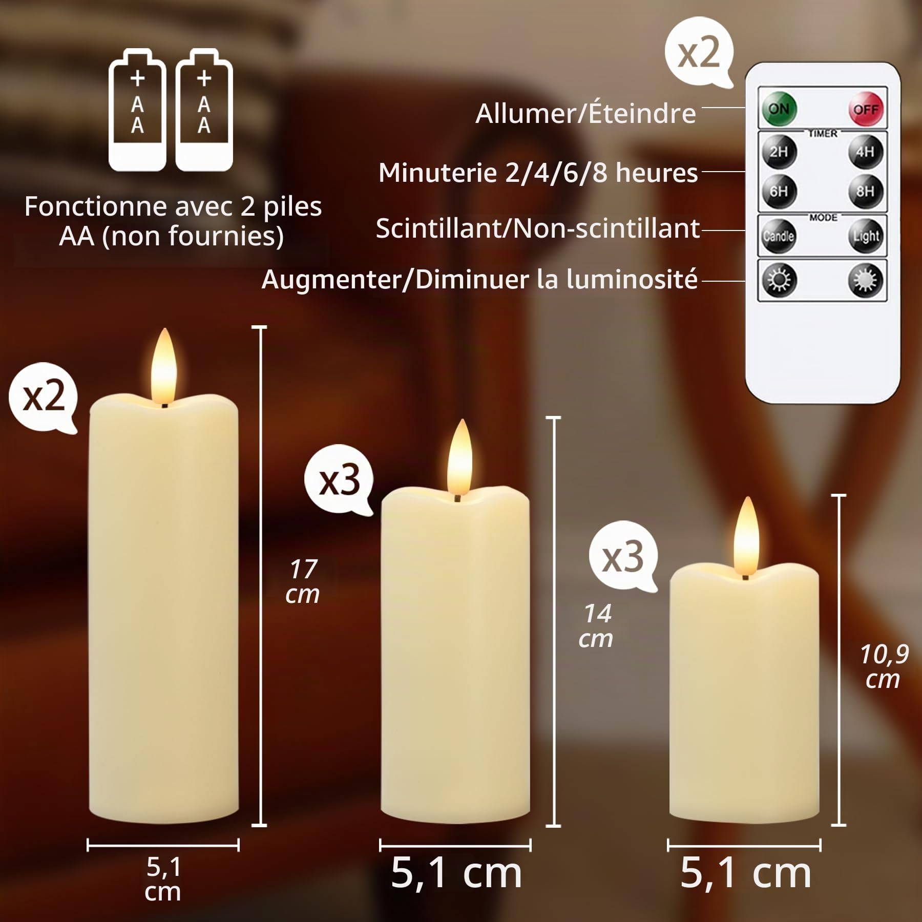 Lot de 8 bougies LED vacillantes sans flamme avec 2 télécommandes et minuterie, 5,3cm x 11cm 14cm 17cm Ivoire Bougies en plastique fonctionnant sur piles
