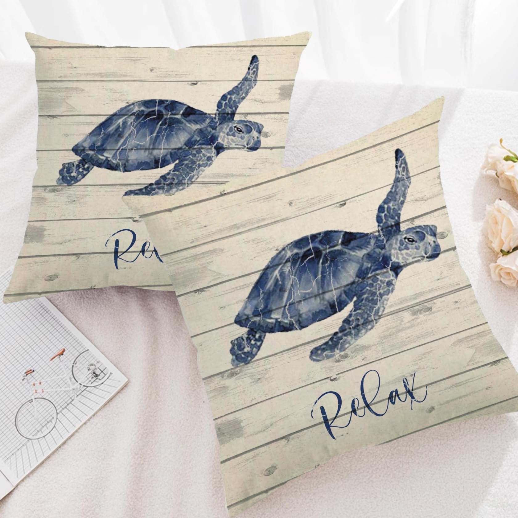 7COLORROOM Sea Life Pillow Covers Double-Sided Printed Wood Grain Sea Animals Sea Turtle Cushion Cover Summer Coastal Ocean Theme Home Farmhouse Decorative Pillowcases 18”×18” (18”×18”) 2