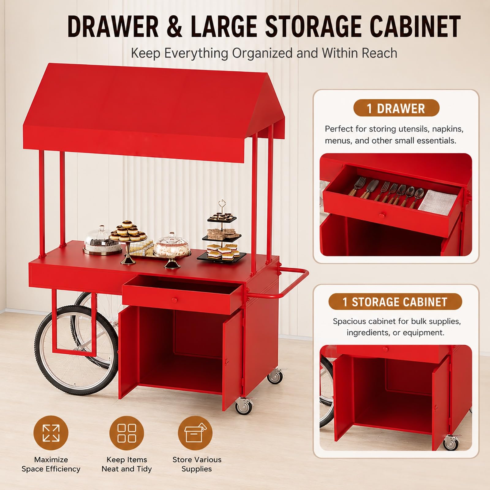 Puesto Ambulante con Toldo, Carrito de Venta para Mercadillo, Stand de Venta con Ruedas, Puesto para Exterior con Almacenaje(Red,120x70cm/47x27.5in)