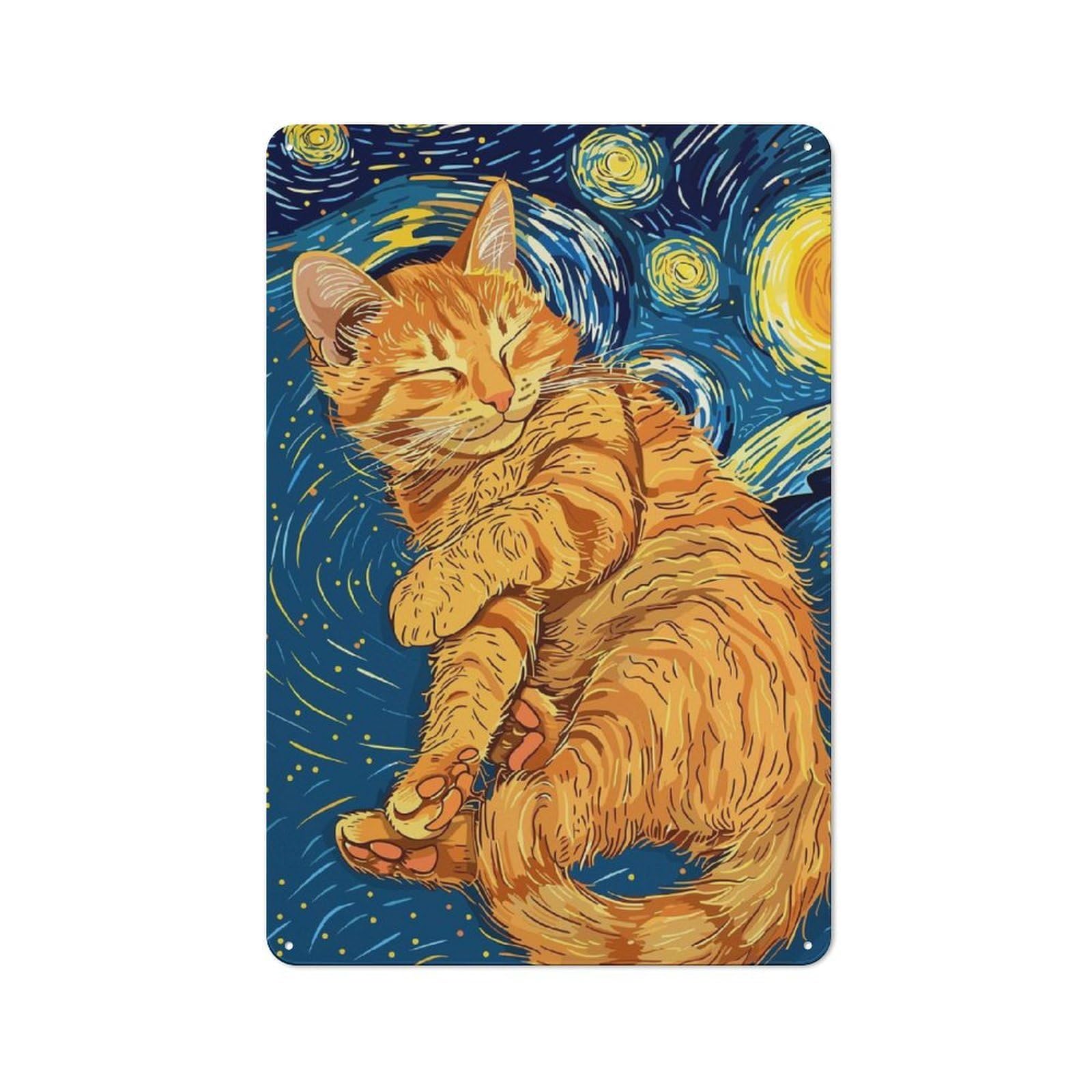 Junmoney Starry Night Cat Tin Sign 30X20cm With For Hallway Wall, Vintage Decor, For Home Interiors, Feature Walls And Decorative Displays