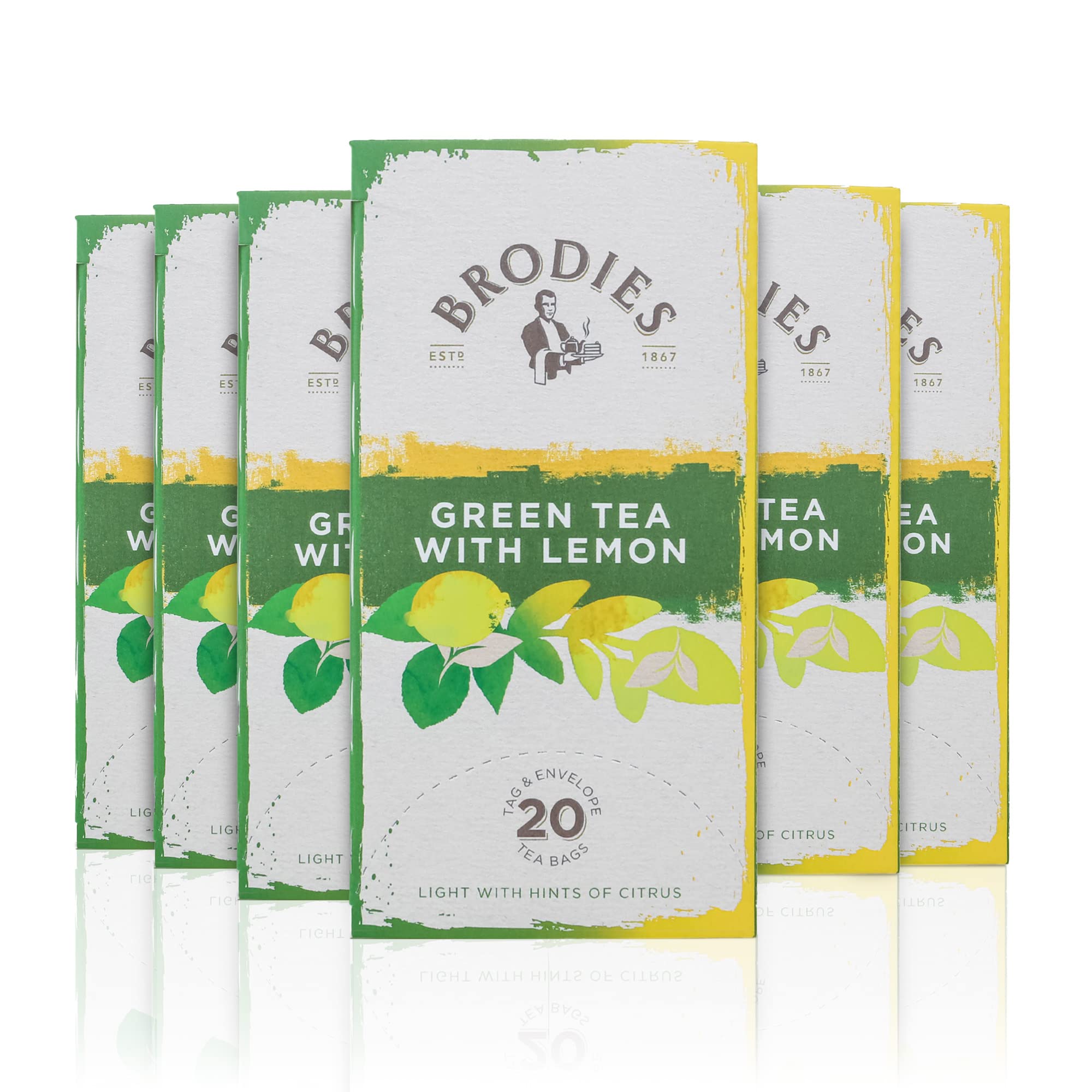 Brodies Tag and Envelope Green Tea with Lemon - 6 Tea Boxes of 20 Tea Bags (120 Tea Bags) - Delicate Sencha Green Tea with the added refreshing note of citrus fruit