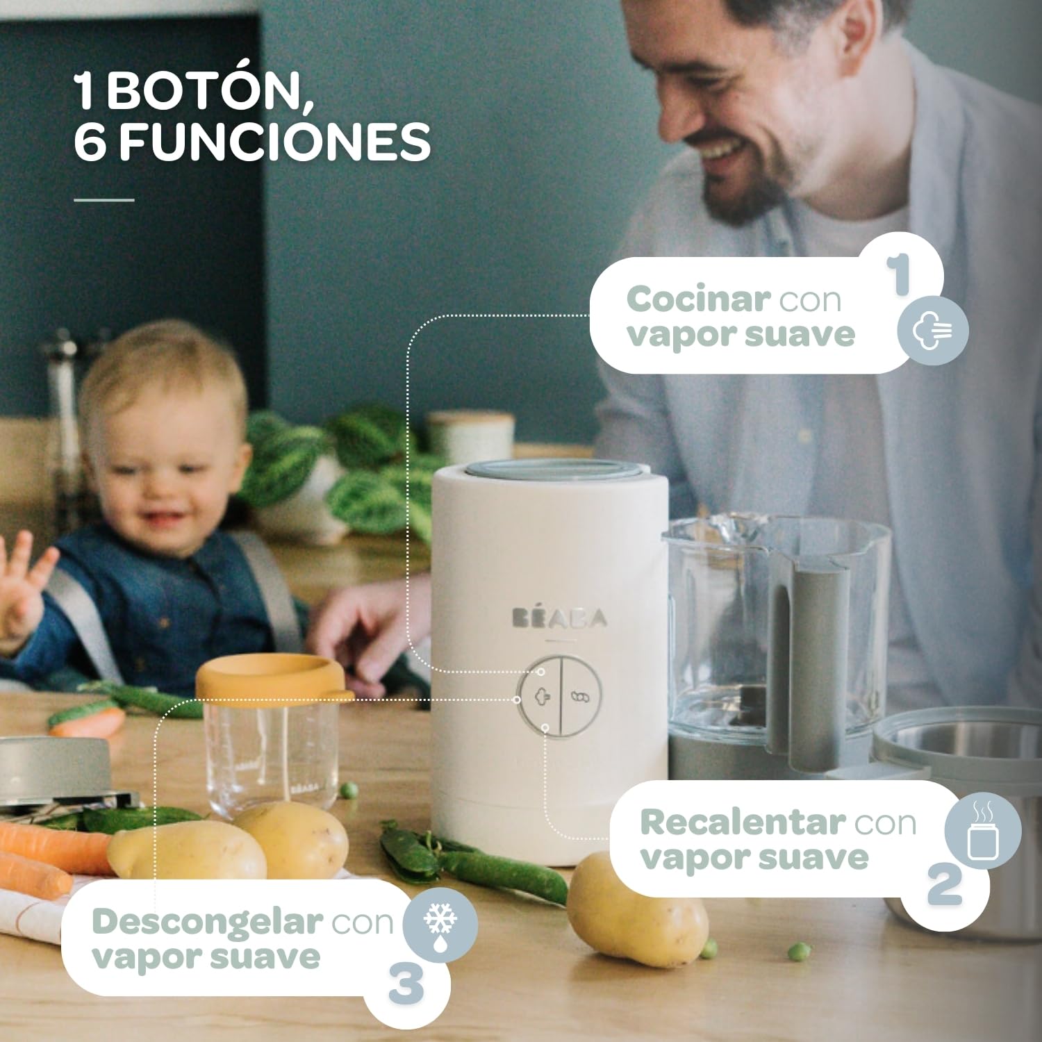 BÉABA Babycook Neo, Robot de cocina infantil, tritura, cocina y cuece al vapor, Rápido en 15 minutos, Recipiente de vidrio y cesta de acero inoxidable, Para Bebés y Niños, Gris/Blanco