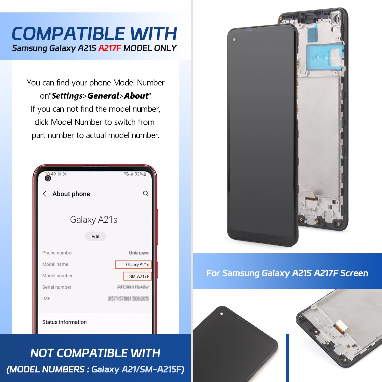 LCD Schermo per Samsung Galaxy A21S Display Touchscreen di Sostituzione del Display per Samsung A21S A217 LCD con Strumenti di Riparazione(Nero con Cornice)