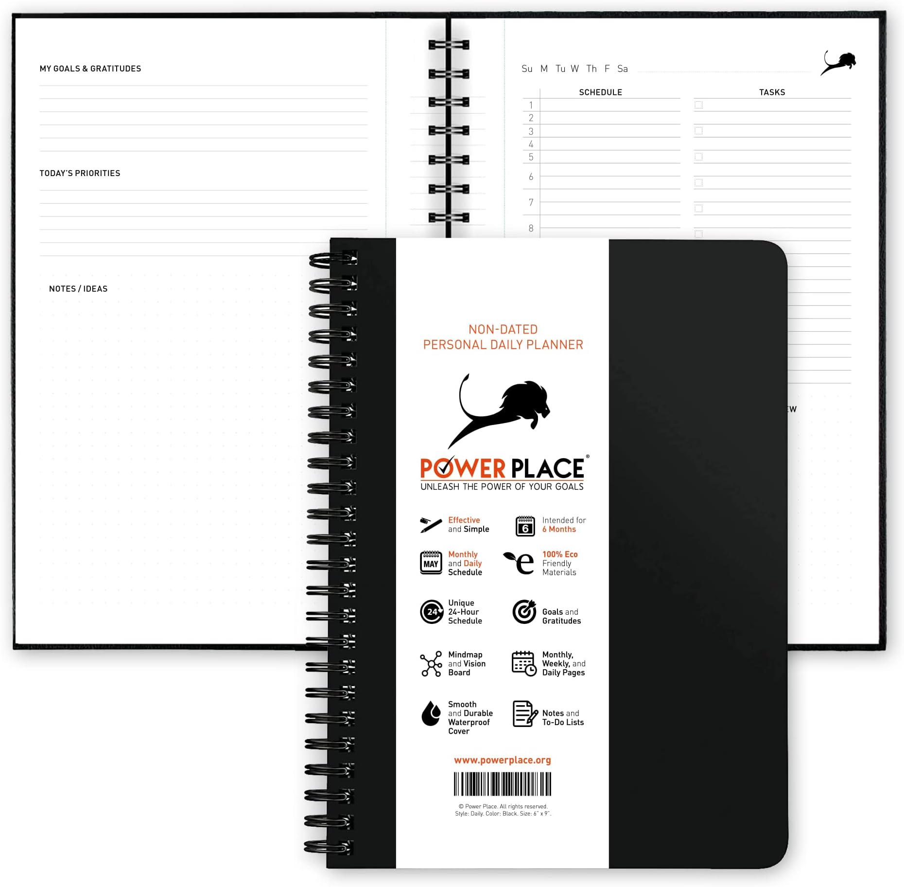 Daily Planner, Calendar and Gratitude Journal to Increase Productivity, Time Management & Happiness, Undated 24-Hour Schedule Life Planner, 6 Months Business Planner (Black)