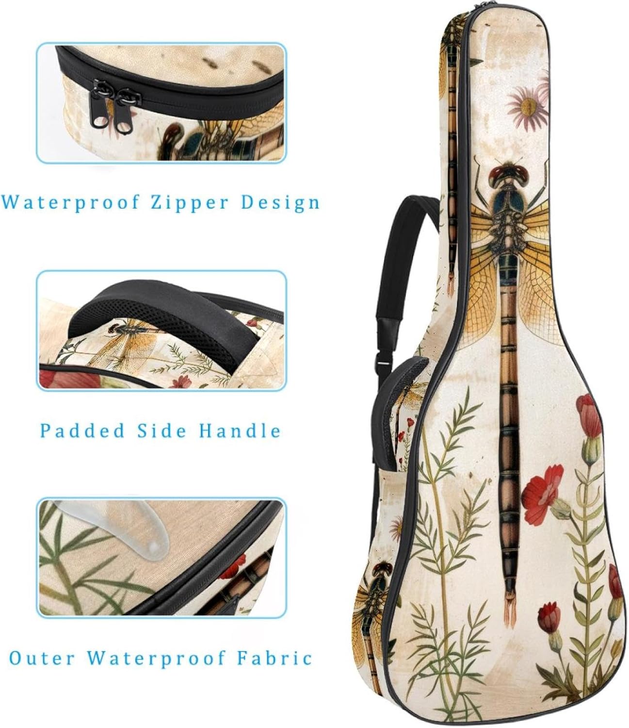 Acoustic Guitar Gig Bag 1 cm Thick Padding, Waterproof Electric Guitar Bag 40-42 Inch Guitar Case Backpack with Dual Shoulder Strap, Vintage Dragonflies Wildflowers Floral Herbs
