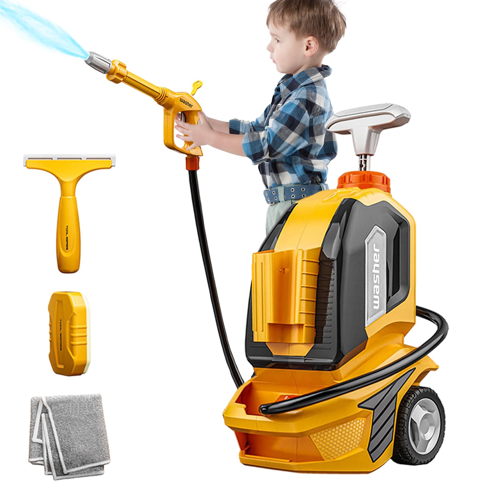 Toddler Car Washing Kit, Manual Pressure Washer with Scraper,Sponge,Rag, Kids Clean Car Wash Toy Pretend Play
