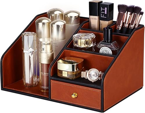 Miniatura 5 de KINGFOM Organizador de escritorio de piel sintética, organizador de escritorio multifunción con 6 compartimentos y accesorios para suministros de
