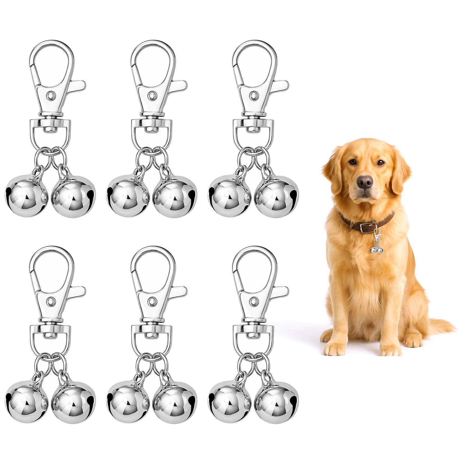 Josojoou 6Pcs Mini Bell for Dog Collar, Cat Bells for Collar Loud, Dog Collars Charms with Keyrings for Small Dogs, Pet Pendant Accessories for Dogs Cat Collars Charm(Sliver)