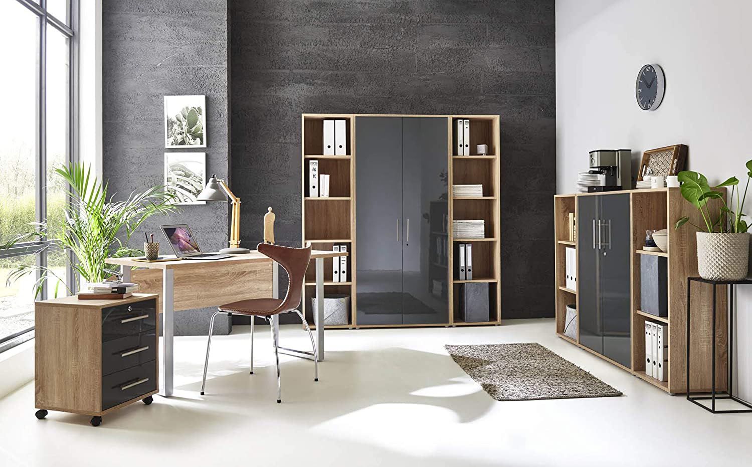 Set completo di mobili da ufficio Office Edition (rovere Sonoma - antracite lucido)