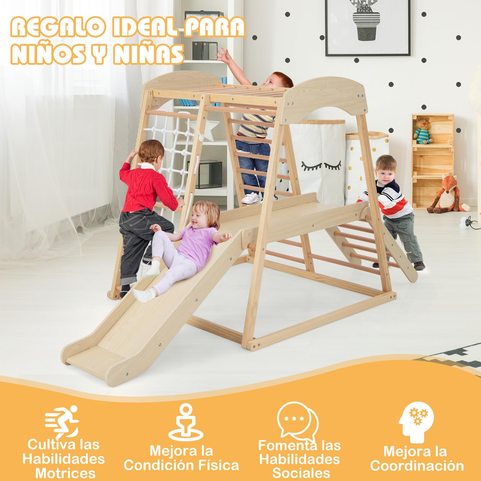 COSTWAY Parque Infantil para Interior 6 en 1, Montessori Parque Infantil Barras, Tobogán, Cuerda y Escaleras de Madera, Juego Escalador de Juguete con Anclajes para Niños 1+ Año (Natural)