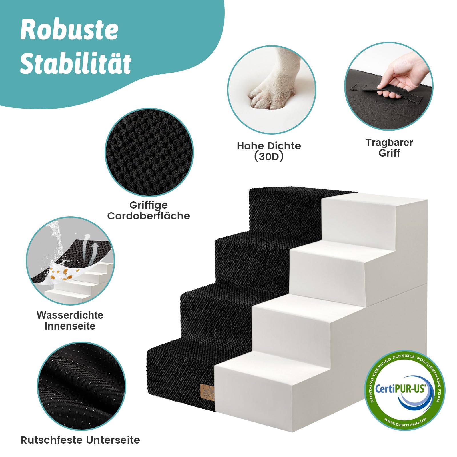 Hundetreppe 4 Stufen 45cm Hoch, 2-in-1 Hundetreppen für Kleine Hunde Alte Katzen, Faltbare Haustiertreppe Katzentreppe Sofa mit Waschbarem Bezug, 40x60x45cm (Schwarz)