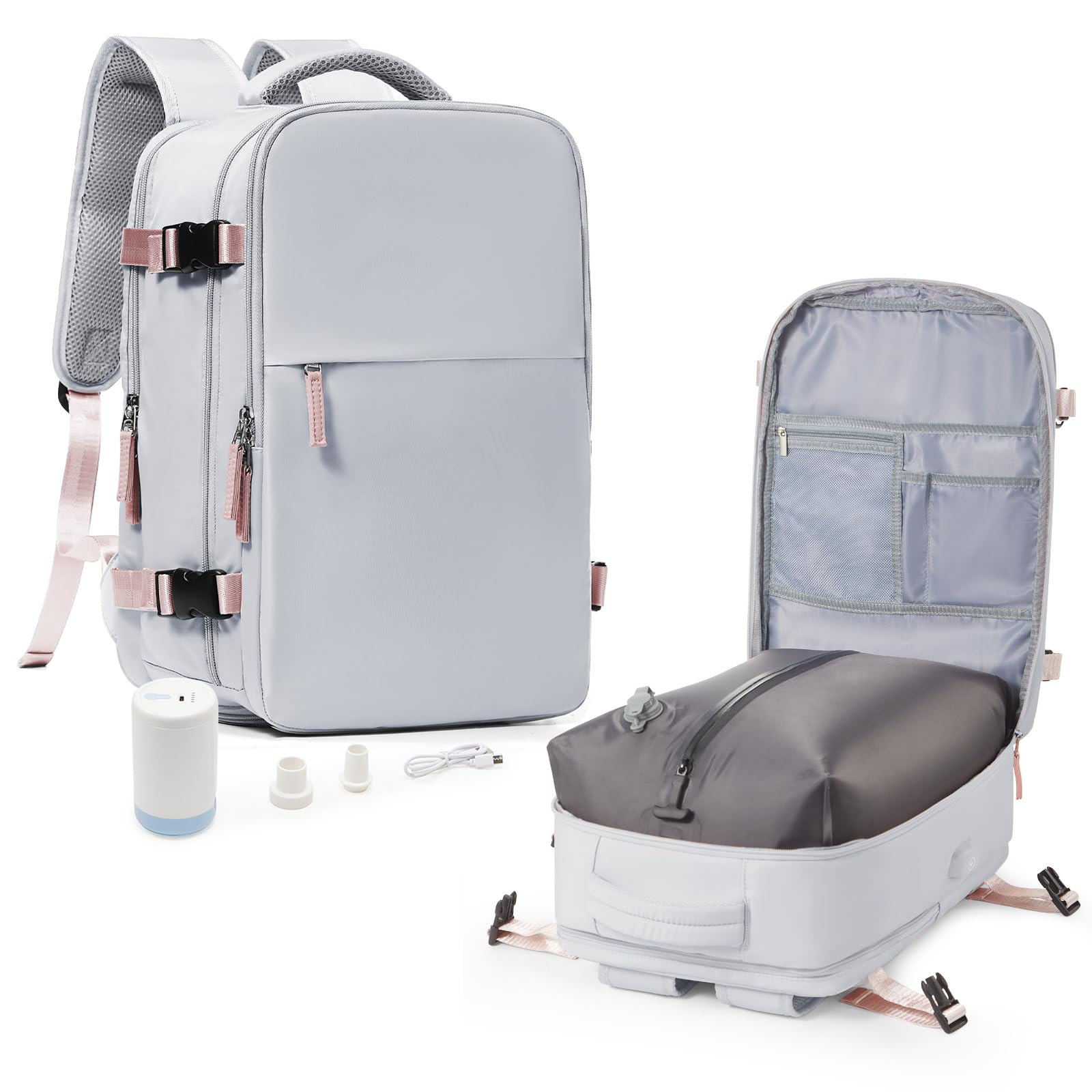 suradar Mochila al Vacío, Mochila Viaje Vacio con Bomba Travel Backpack Bolsa de Cabina Avion 45x36x20 para EasyJet Equipaje de Mano con Sistema Compresion para Hombre y Mujer Gris