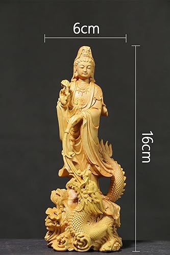 Miniatura 2 de Estatua de Quan Yin de pie en dragón, Kwan Yin Misericordia Diosa china Feng Shui escultura tallada a mano boj femenino Buda Budista Decoración