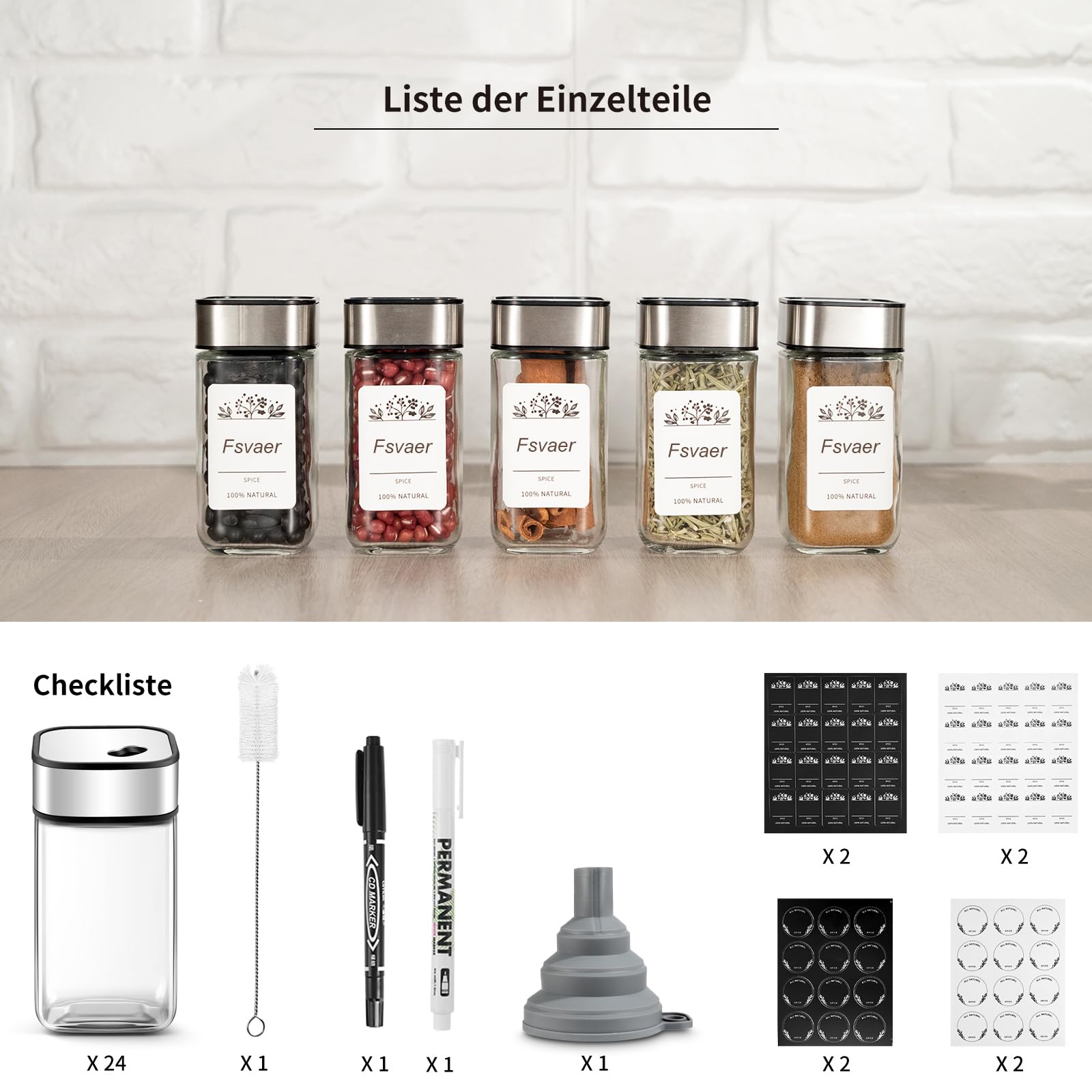 24 Gewürzgläser Eckig,120ML Gewürzdosen Set mit Streueinsatz,Gewürzstreuer mit Drehdeckel-Starke Versiegelung,Edelstahl-Glas Gewürz Organizer inklusive Trichter, Etikett und Stift