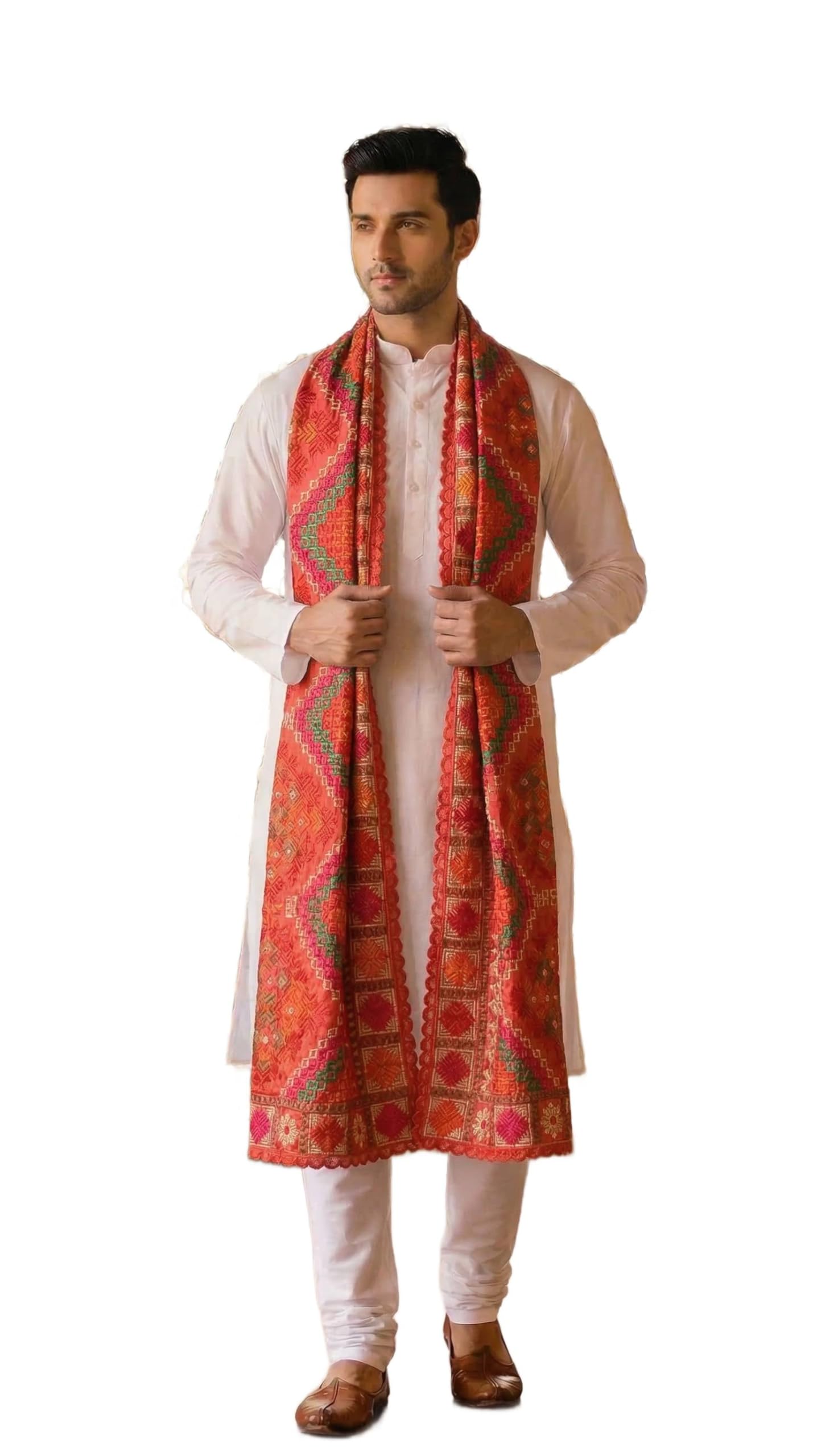 zamour Men’s Punjabi Phulkari Bagh Embroidered Dupatta in Multicolor Red Chinnon Fabric | Perfect for Festival & Wedding-picture-13