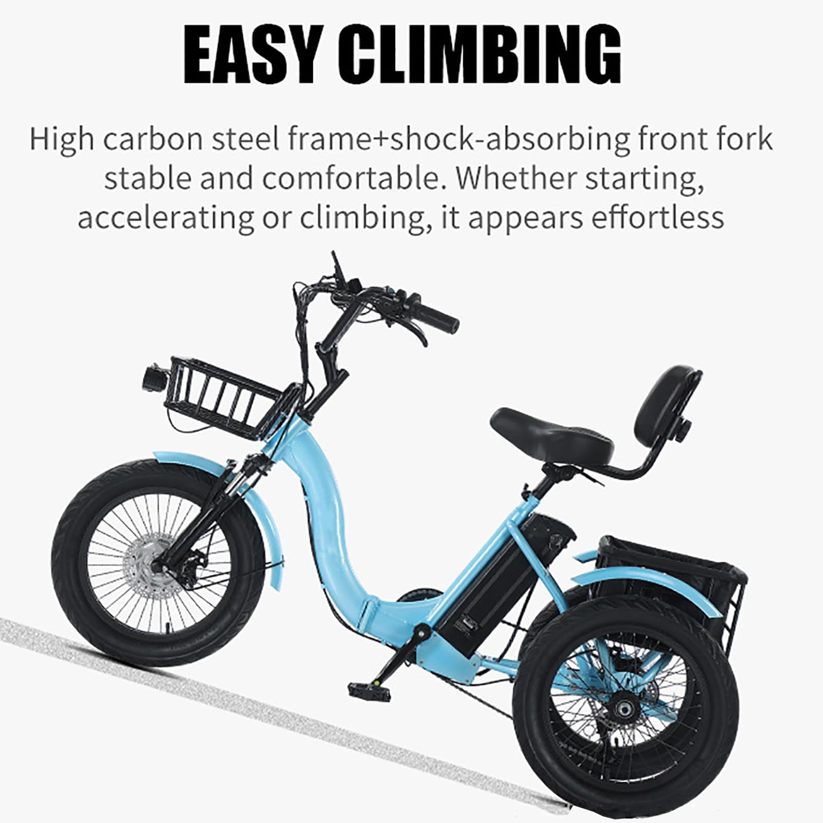 Triciclo eléctrico Plegable Azul para Adultos, Bicicleta de 18 Pulgadas con Asistencia al pedaleo, 3 Modos, 7 velocidades, autonomía de 44 km, Capacidad para Subir Pendientes de 15° y Frenos