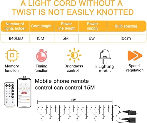 Miniatura 9 de SOSHOT Guirnalda de luces de Navidad para exteriores, 49 pies, 640 LED, 8 modos con control remoto y aplicación, luces de Navidad impermeables para