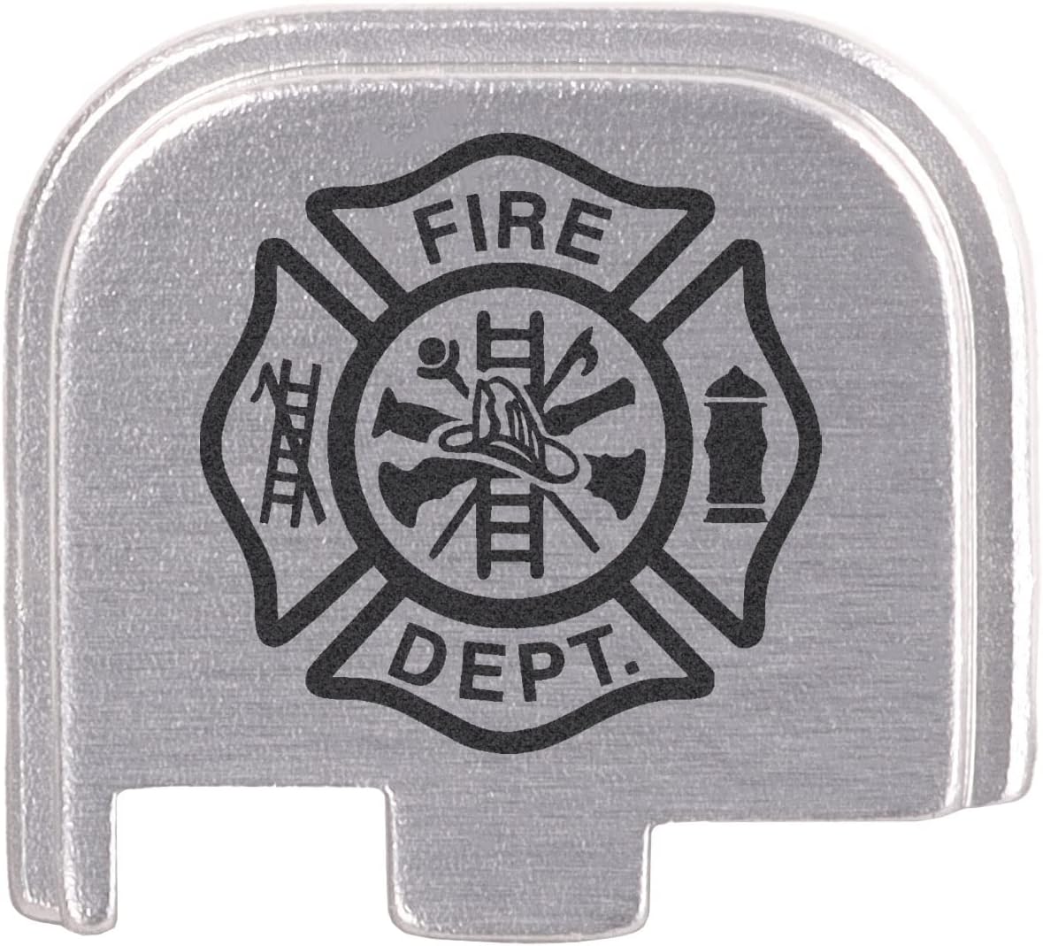 NDZ Performance Slide Cover Back Plate for Glock 43 43X 48 & PSA Dagger Micro – Aluminum Upgrade with Black Engraving – Fire Department Emblem – Silver