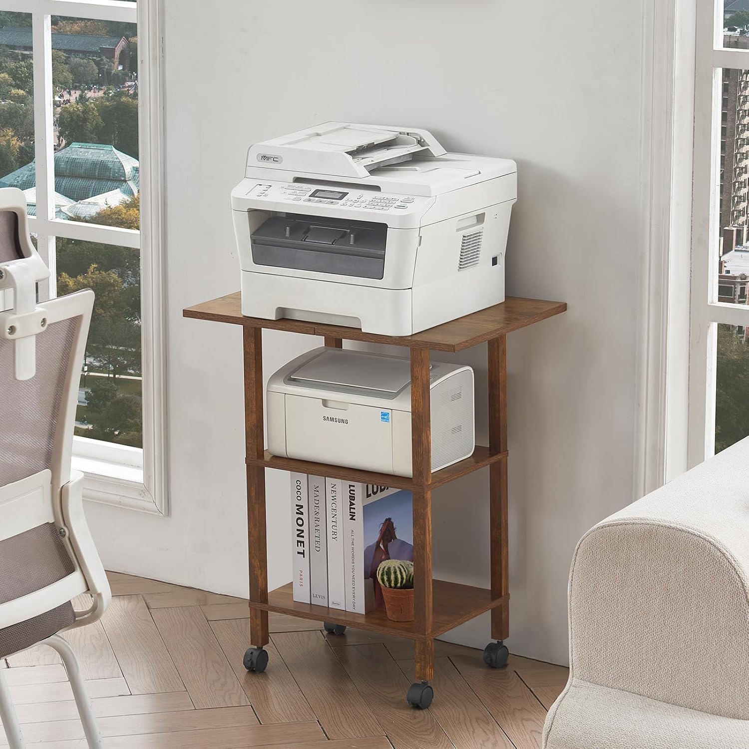 YUFAM 3 Tier Home Printer Stand with Storage, Brown image 5