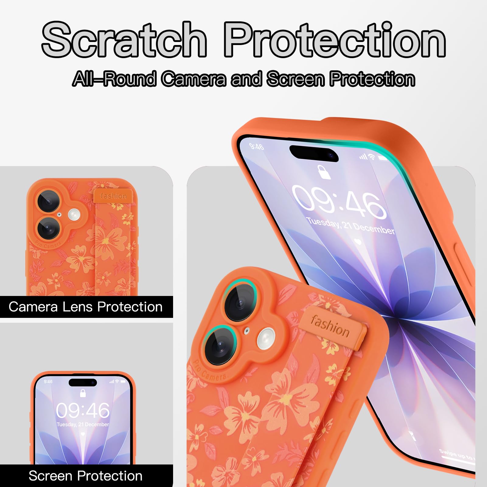 Custodia compatibile con iPhone 17 con cinturino da polso, motivo floreale carino per ragazze e donne, morbido TPU regolabile con cavalletto antiurto custodia protettiva arancione