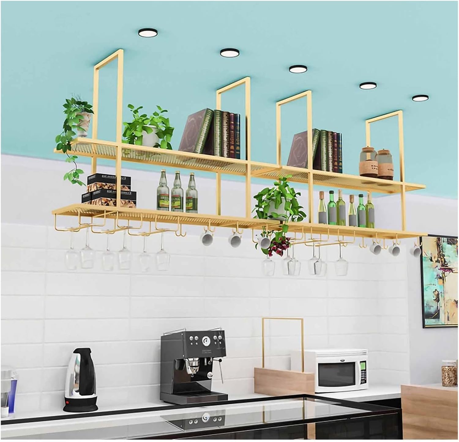 Ceiling Mounted Storage Racks Nordic Wrought Iron 2 Tier Ceiling Mounted Display Rack, Restaurant Ceiling Hanging Decorative Storage Wine Rack, Easy to Install for Bar/K