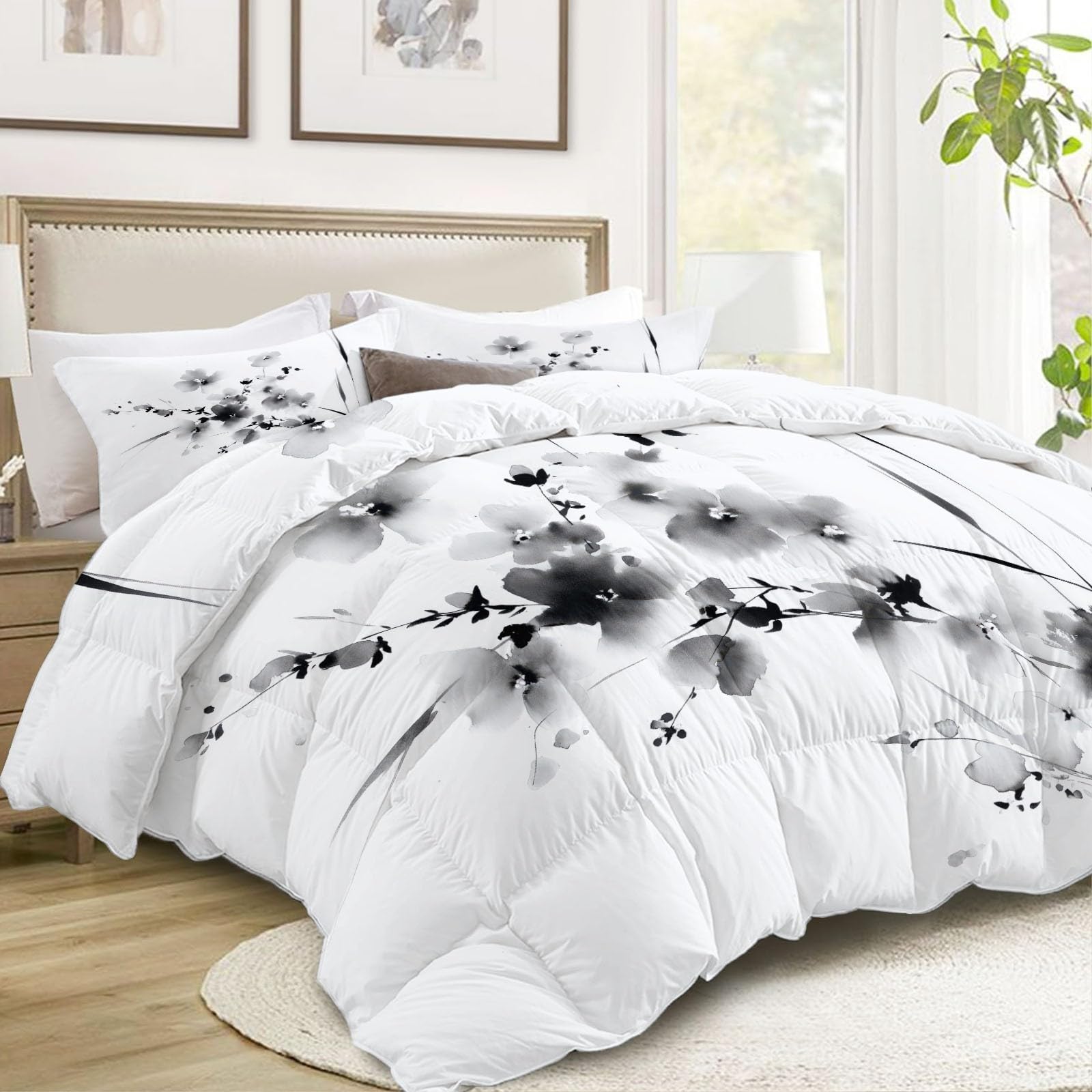 Trapunta Matrimoniale 150x200 cm Fiori selvatici astratti in bianco e nero Piumone 4 Stagioni Microfibra Traspirante Morbida, Trapuntino Copriletto Stampa 3D con 2 Federe 50x80 cm