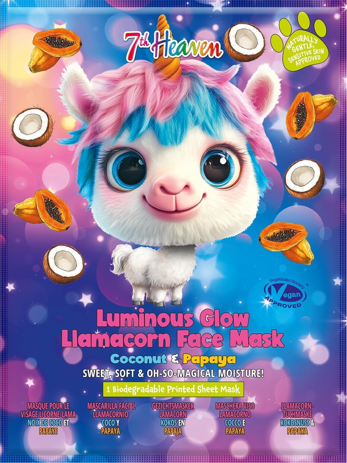 Llamacorn Face Mask, Hydrating Face Mask for Sensitive Skin, For Children Age 8+, Cruelty Free Sheet Masks - Genuine 7th Heaven Face Masks Skincare | FUN LLAMACORN PRINTED DESIGN - This printed sheet face mask features a playful Llamacorn design that makes pamper