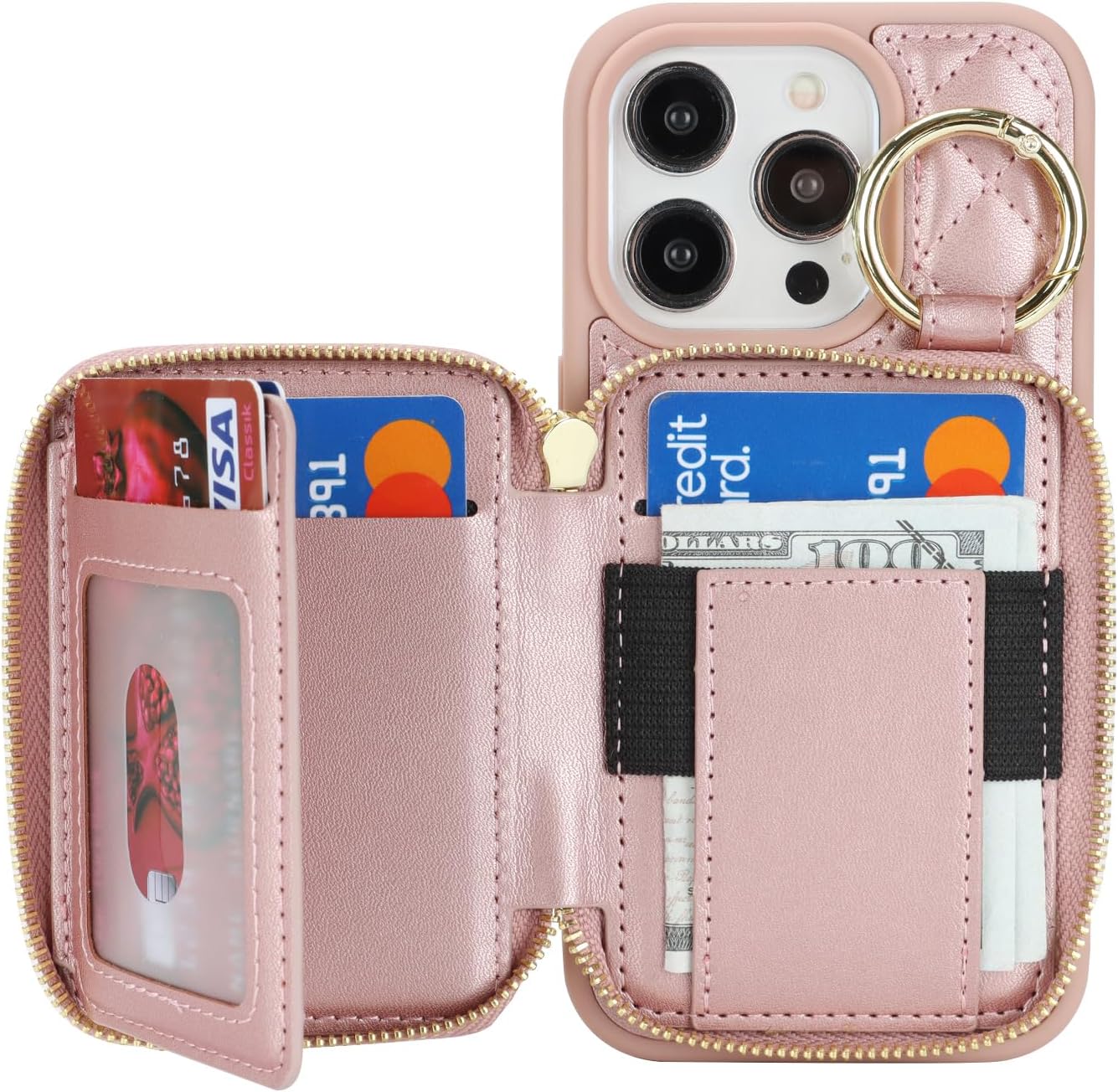 for iPhone 13 pro Case Wallet with Card Holder,for iPhone 13 pro Phone case Wallet with Zipper with Slot Kickstand Stand Case for Women and Man 5G 6.1 Inch-Rose Gold