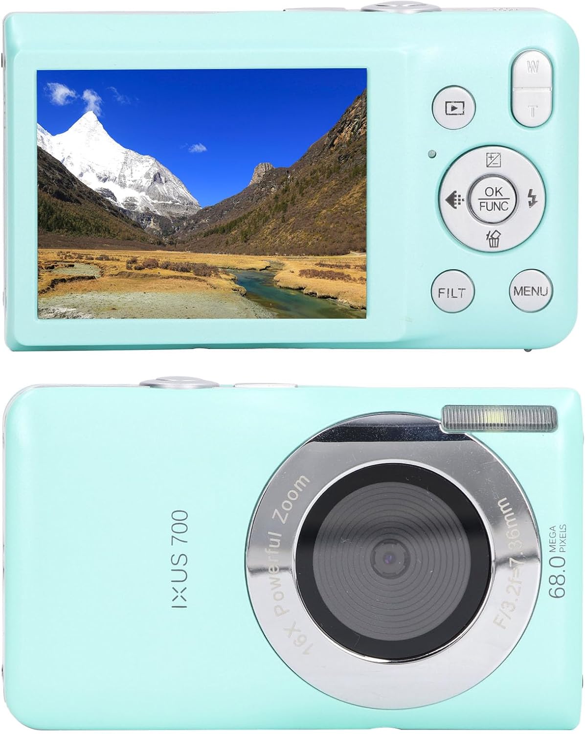 Front and rear view of the Dpofirs 8K Digital Camera, showing the lens, flash, and screen.