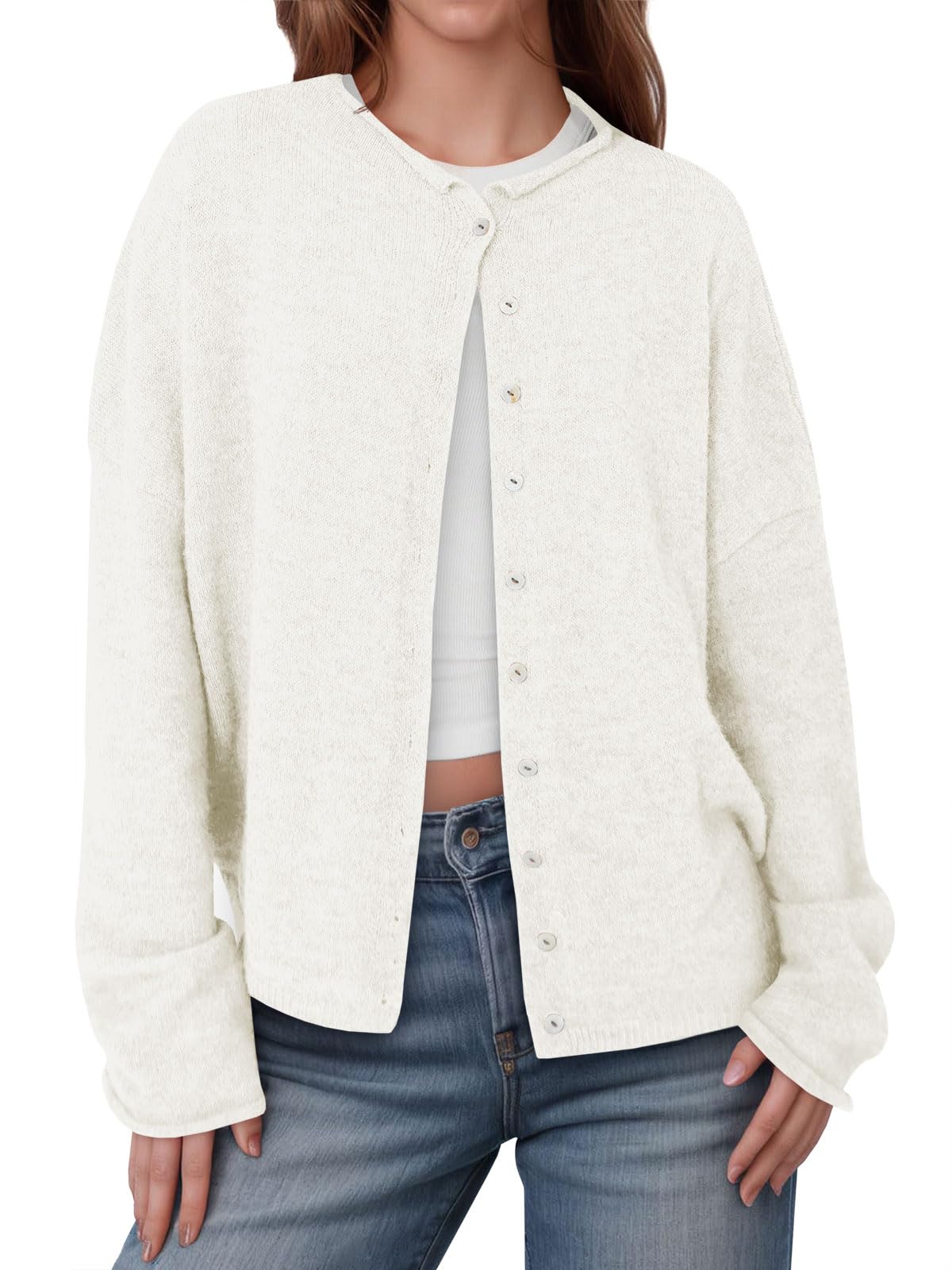 Womens Button Up Cardigan Sweaters Long Sleeve Crew Neck Fall Soft Lightweight Knit Loose Sweater Tops-image-49