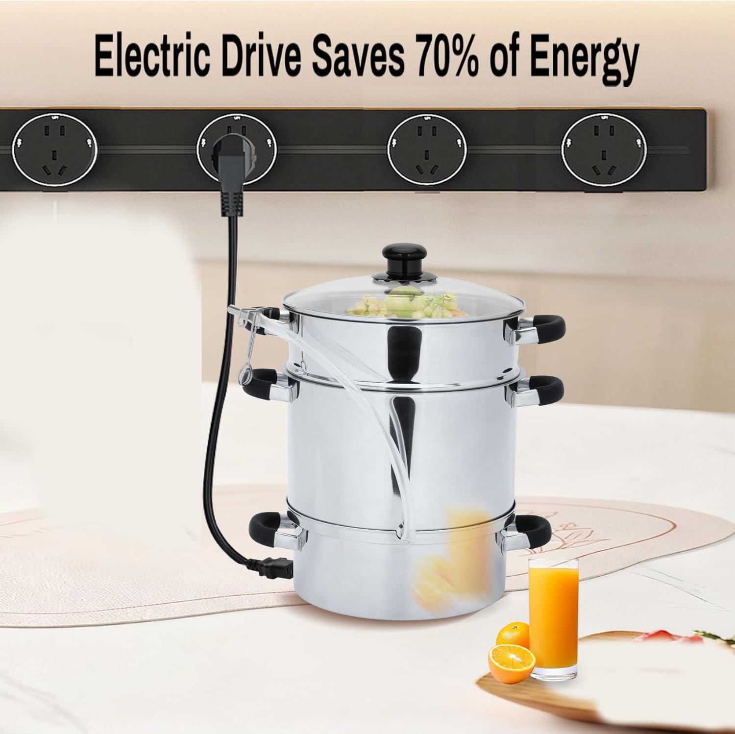 11QT Electric Steam Juicer for Kitchen, steamer canner Stainless Steel Multipot with Tempered Glass Lid & Accessories, Automatic Steam Juicer for Homemade Juice, Jelly, Pasta–Ideal for Family Cooking