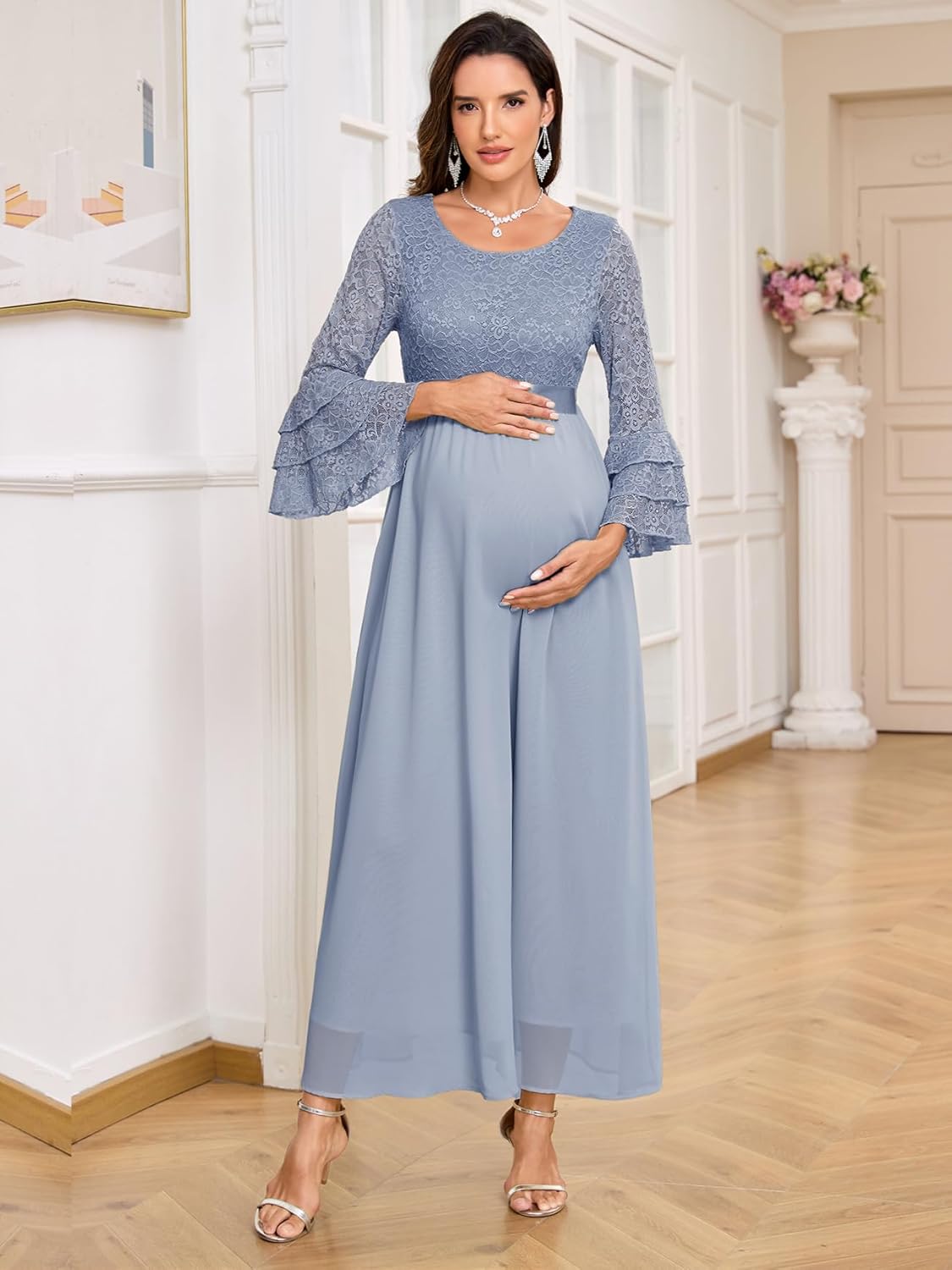 CYCLAMEN Floral Lace Maternity Maxi Dress Ruffle Bell Sleeves Crew Neck Elegant Chiffon Evening Gown Baby Shower Wedding - Image 2