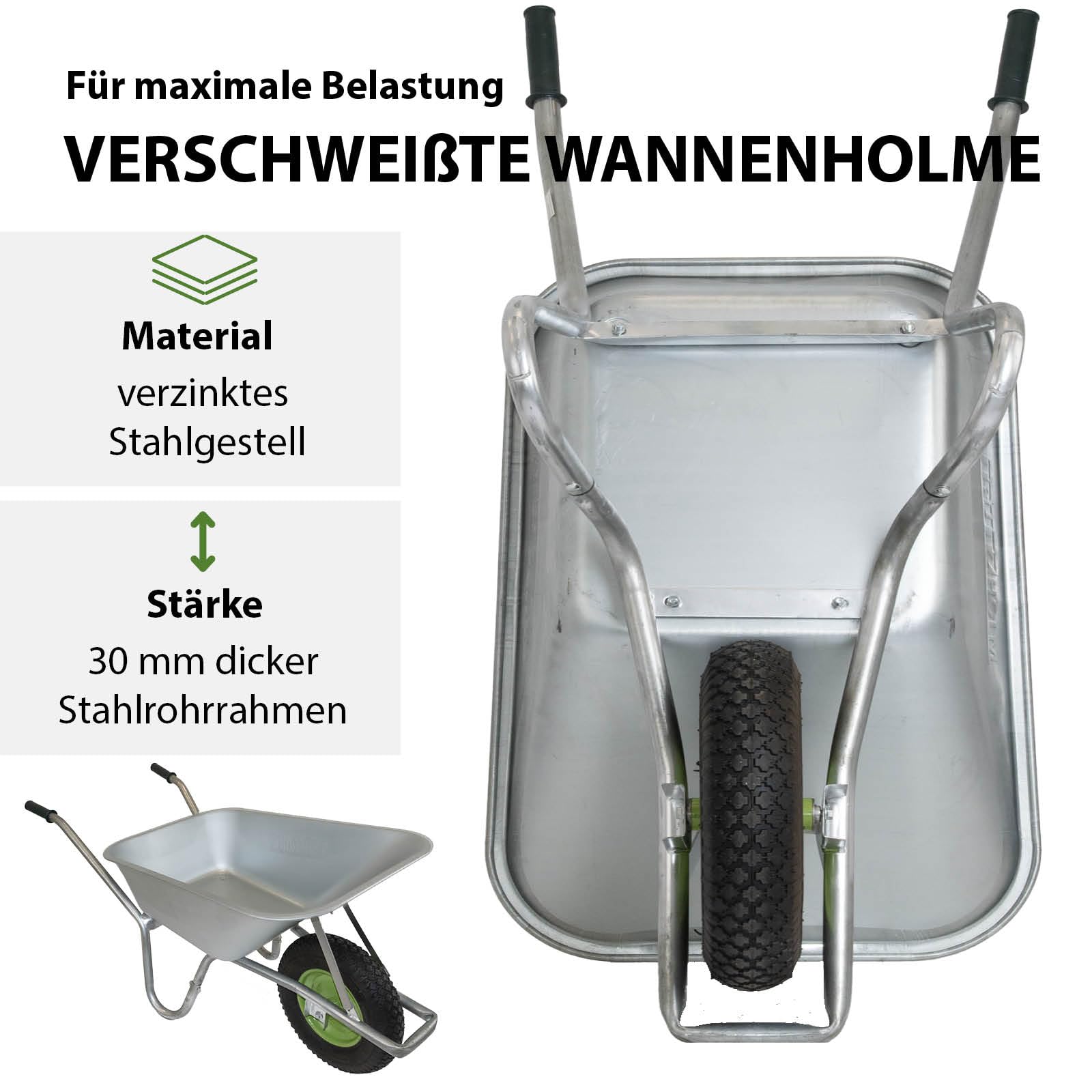 TRUTZHOLM Schubkarre 100 Liter verzinkter Stahl 250 kg Tragkraft Luftrad auf Stahlfelge Bauschubkarre Gartenkarre Schiebkarre leicht handlich 0,9 cm Starke Stahlwanne